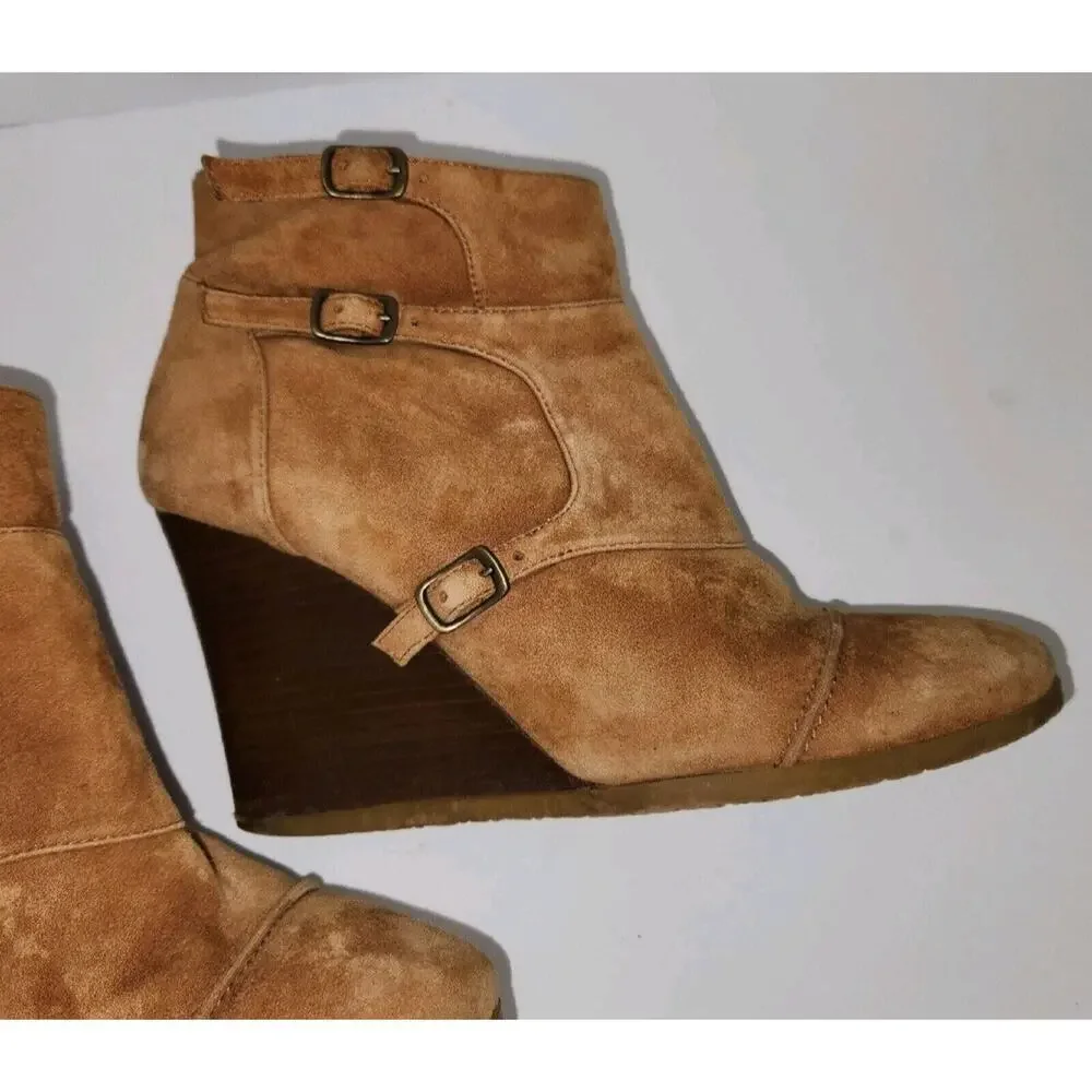 Wedge Ankle Boot Buckle Strap Suede Greer Tan Women's sz 9 J. Crew Gum Sole
